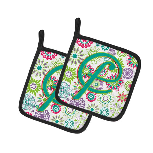 Pot Holder Set of 2 | Heat Resistant Quilted Hot Pads | 7.5 x 7.5 Inch | Letter F Flowers Pink Teal Green Initial