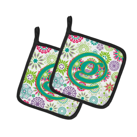Pot Holder Set of 2 | Heat Resistant Quilted Hot Pads | 7.5 x 7.5 Inch | Letter G Flowers Pink Teal Green Initial