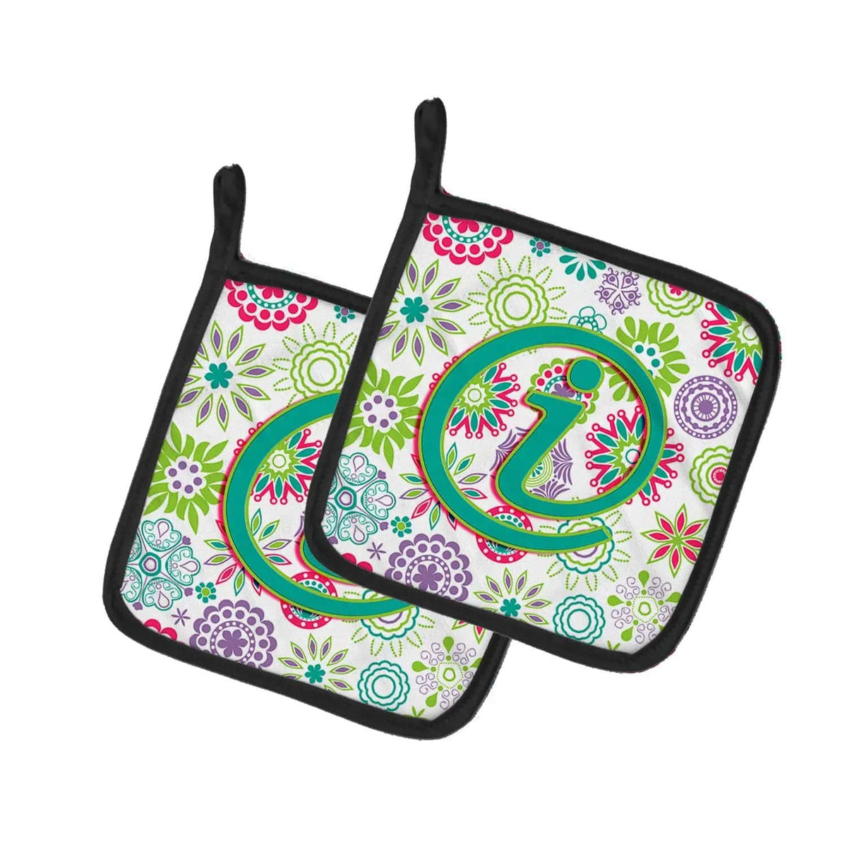 Pot Holder Set of 2 | Heat Resistant Quilted Hot Pads | 7.5 x 7.5 Inch | Letter I Flowers Pink Teal Green Initial