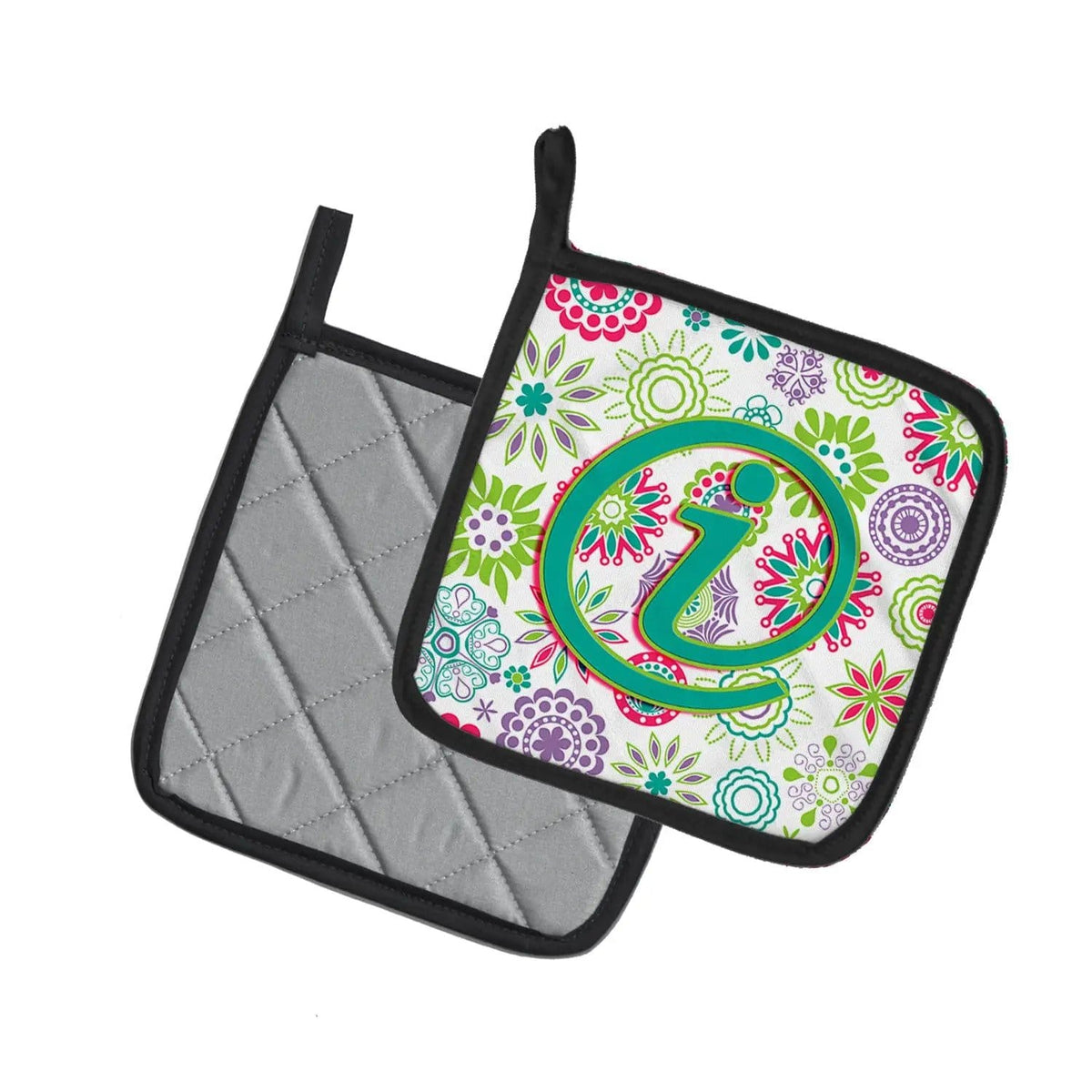 Pot Holder Set of 2 | Heat Resistant Quilted Hot Pads | 7.5 x 7.5 Inch | Letter I Flowers Pink Teal Green Initial