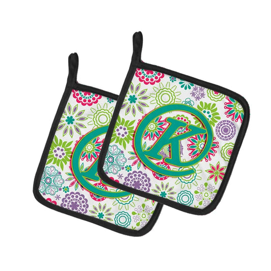 Pot Holder Set of 2 | Heat Resistant Quilted Hot Pads | 7.5 x 7.5 Inch | Letter K Flowers Pink Teal Green Initial