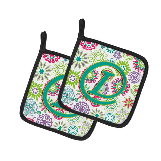 Pot Holder Set of 2 | Heat Resistant Quilted Hot Pads | 7.5 x 7.5 Inch | Letter L Flowers Pink Teal Green Initial