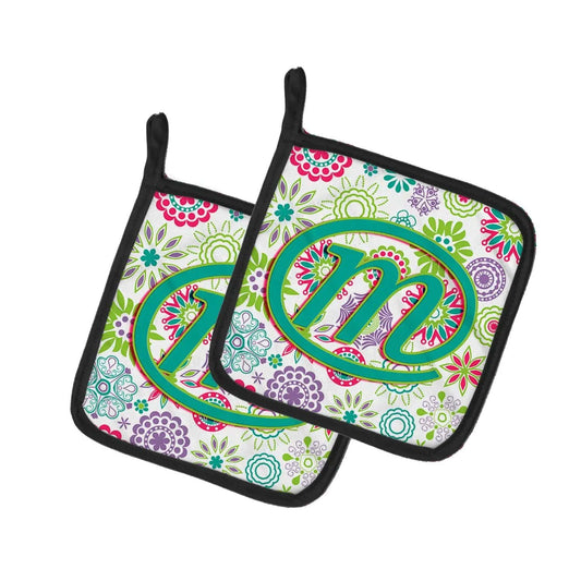 Pot Holder Set of 2 | Heat Resistant Quilted Hot Pads | 7.5 x 7.5 Inch | Letter M Flowers Pink Teal Green Initial