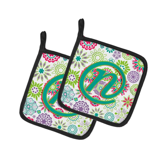 Pot Holder Set of 2 | Heat Resistant Quilted Hot Pads | 7.5 x 7.5 Inch | Letter N Flowers Pink Teal Green Initial