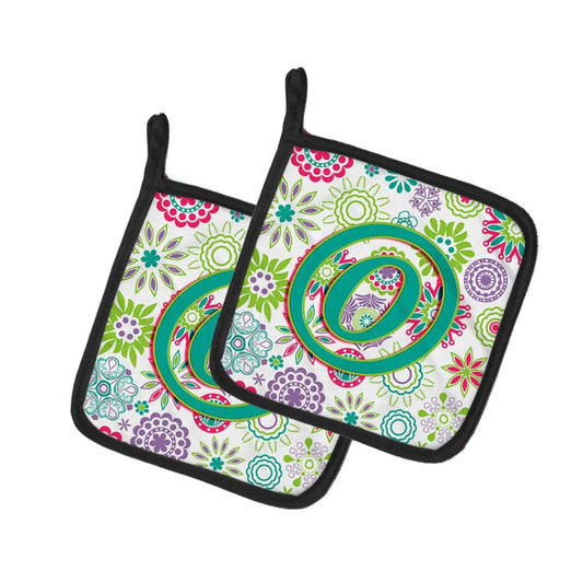 Pot Holder Set of 2 | Heat Resistant Quilted Hot Pads | 7.5 x 7.5 Inch | Letter O Flowers Pink Teal Green Initial