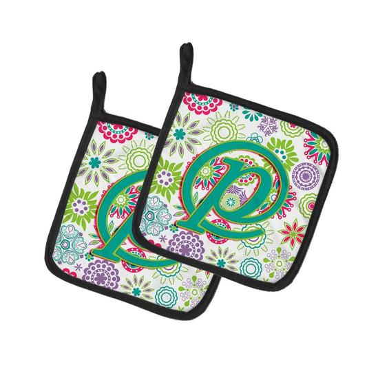 Pot Holder Set of 2 | Heat Resistant Quilted Hot Pads | 7.5 x 7.5 Inch | Letter P Flowers Pink Teal Green Initial