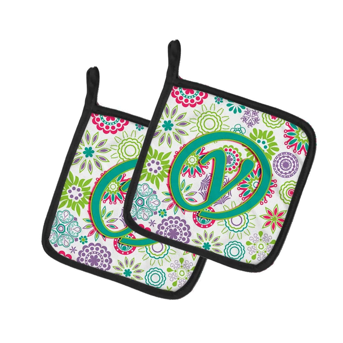 Pot Holder Set of 2 | Heat Resistant Quilted Hot Pads | 7.5 x 7.5 Inch | Letter Y Flowers Pink Teal Green Initial