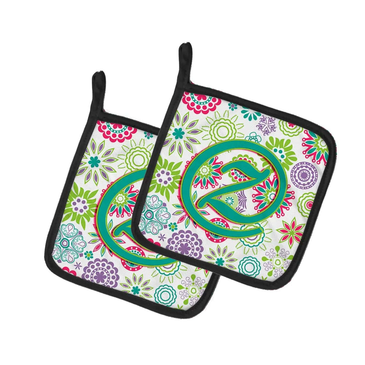 Pot Holder Set of 2 | Heat Resistant Quilted Hot Pads | 7.5 x 7.5 Inch | Letter Z Flowers Pink Teal Green Initial