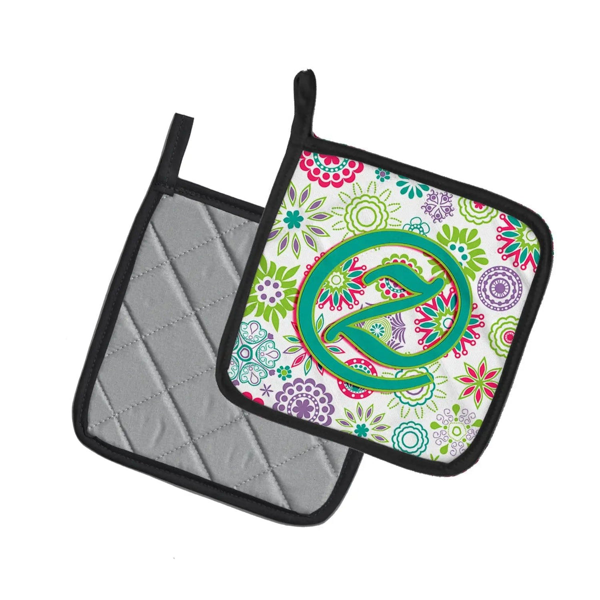 Pot Holder Set of 2 | Heat Resistant Quilted Hot Pads | 7.5 x 7.5 Inch | Letter Z Flowers Pink Teal Green Initial