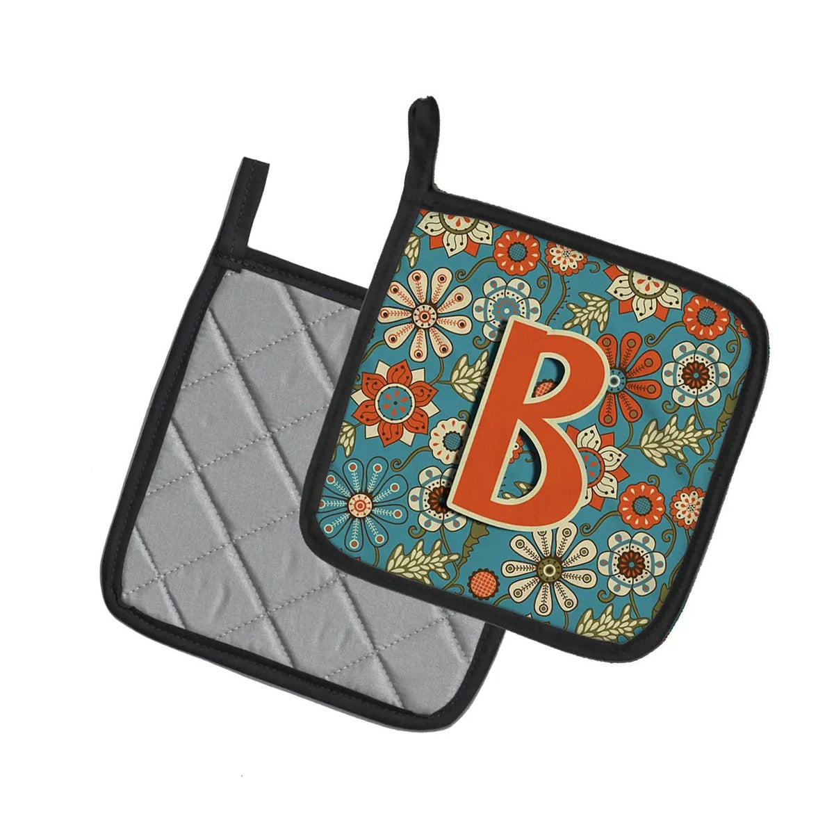Pot Holder Set of 2 | Heat Resistant Quilted Hot Pads | 7.5 x 7.5 Inch | Letter B Flowers Retro Blue