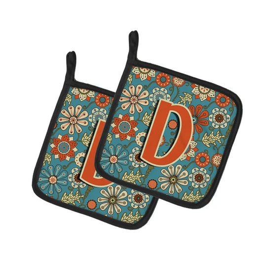 Pot Holder Set of 2 | Heat Resistant Quilted Hot Pads | 7.5 x 7.5 Inch | Letter D Flowers Retro Blue