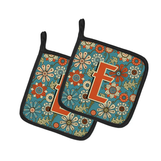 Pot Holder Set of 2 | Heat Resistant Quilted Hot Pads | 7.5 x 7.5 Inch | Letter E Flowers Retro Blue