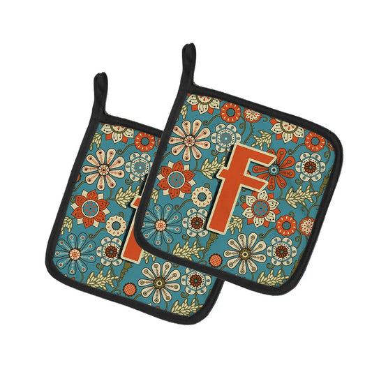 Pot Holder Set of 2 | Heat Resistant Quilted Hot Pads | 7.5 x 7.5 Inch | Letter F Flowers Retro Blue