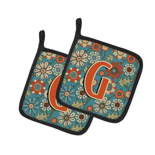 Pot Holder Set of 2 | Heat Resistant Quilted Hot Pads | 7.5 x 7.5 Inch | Letter G Flowers Retro Blue