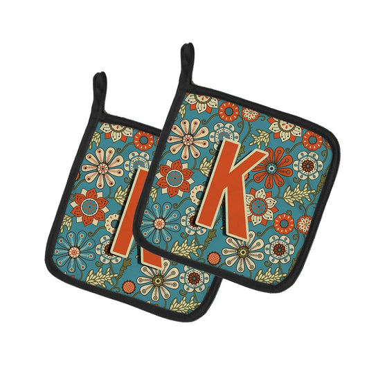 Pot Holder Set of 2 | Heat Resistant Quilted Hot Pads | 7.5 x 7.5 Inch | Letter K Flowers Retro Blue