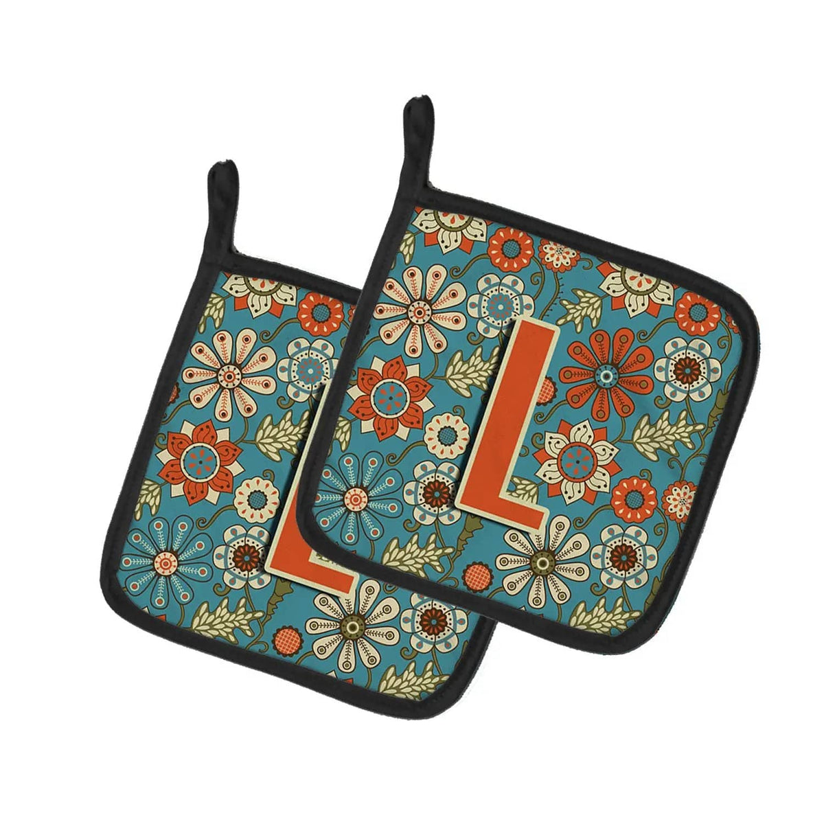 Pot Holder Set of 2 | Heat Resistant Quilted Hot Pads | 7.5 x 7.5 Inch | Letter L Flowers Retro Blue