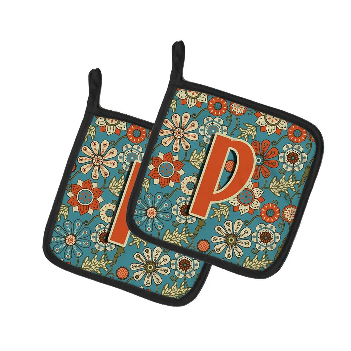 Pot Holder Set of 2 | Heat Resistant Quilted Hot Pads | 7.5 x 7.5 Inch | Letter P Flowers Retro Blue