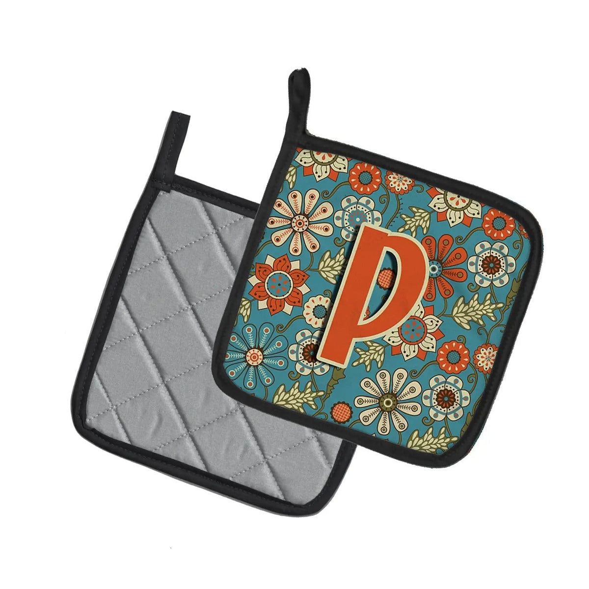 Pot Holder Set of 2 | Heat Resistant Quilted Hot Pads | 7.5 x 7.5 Inch | Letter P Flowers Retro Blue