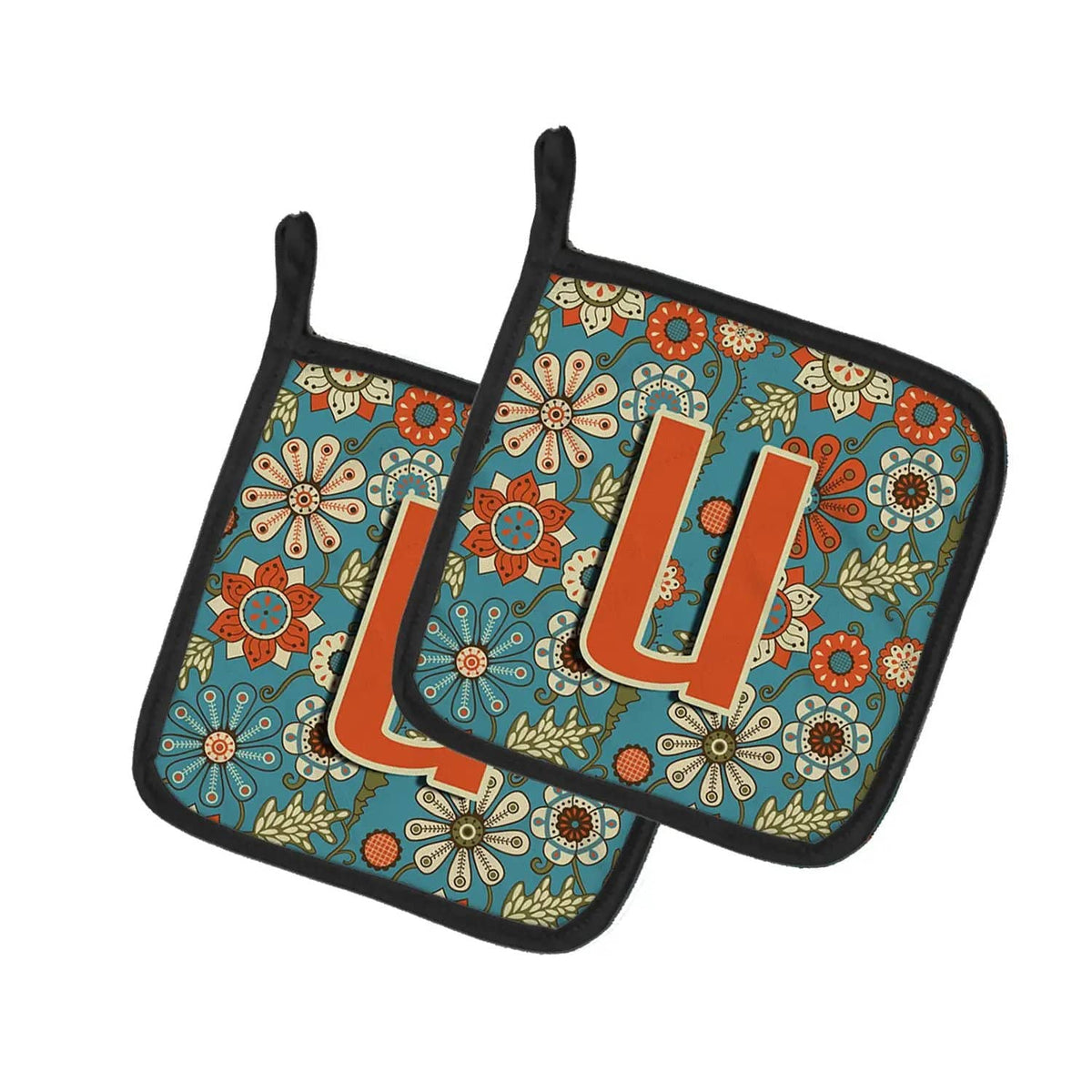 Pot Holder Set of 2 | Heat Resistant Quilted Hot Pads | 7.5 x 7.5 Inch | Letter U Flowers Retro Blue