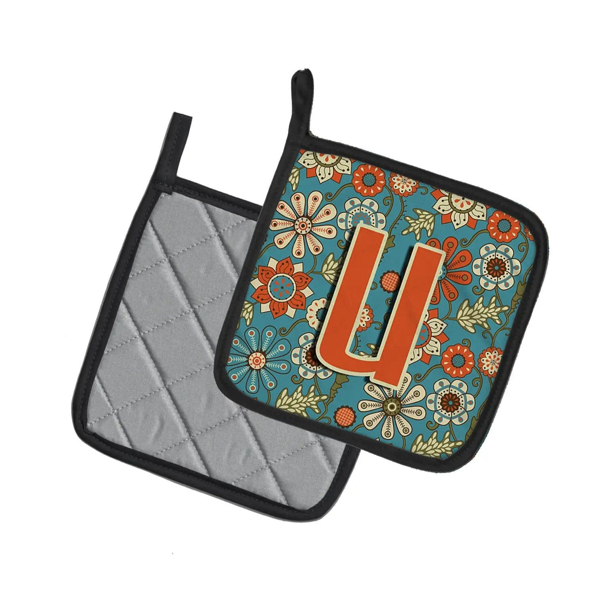 Pot Holder Set of 2 | Heat Resistant Quilted Hot Pads | 7.5 x 7.5 Inch | Letter U Flowers Retro Blue