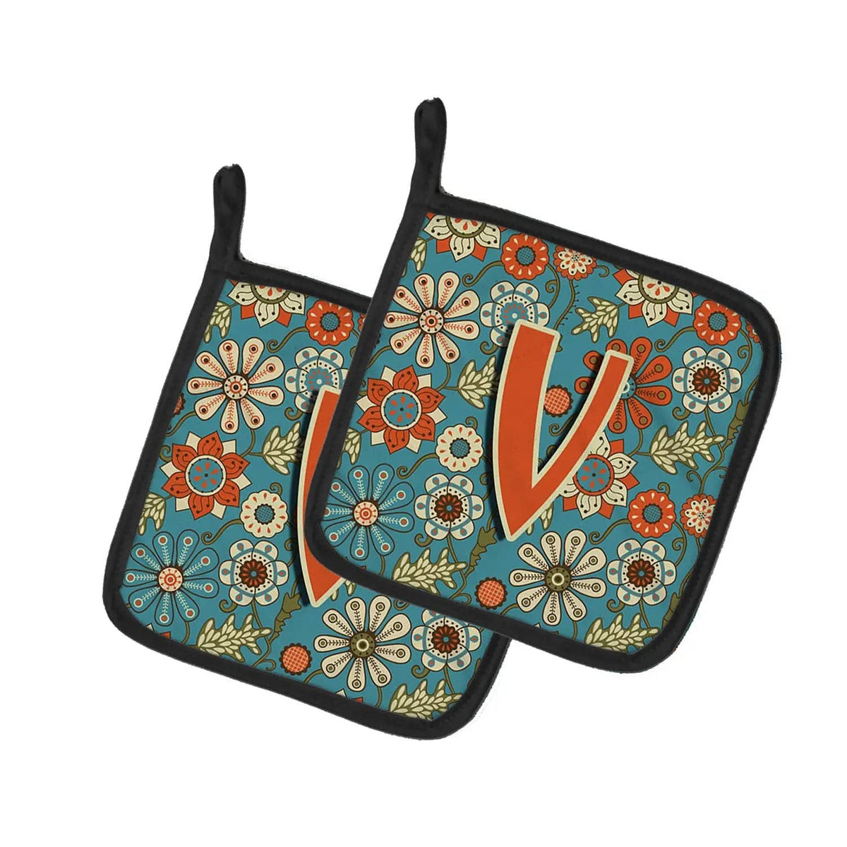 Pot Holder Set of 2 | Heat Resistant Quilted Hot Pads | 7.5 x 7.5 Inch | Letter V Flowers Retro Blue
