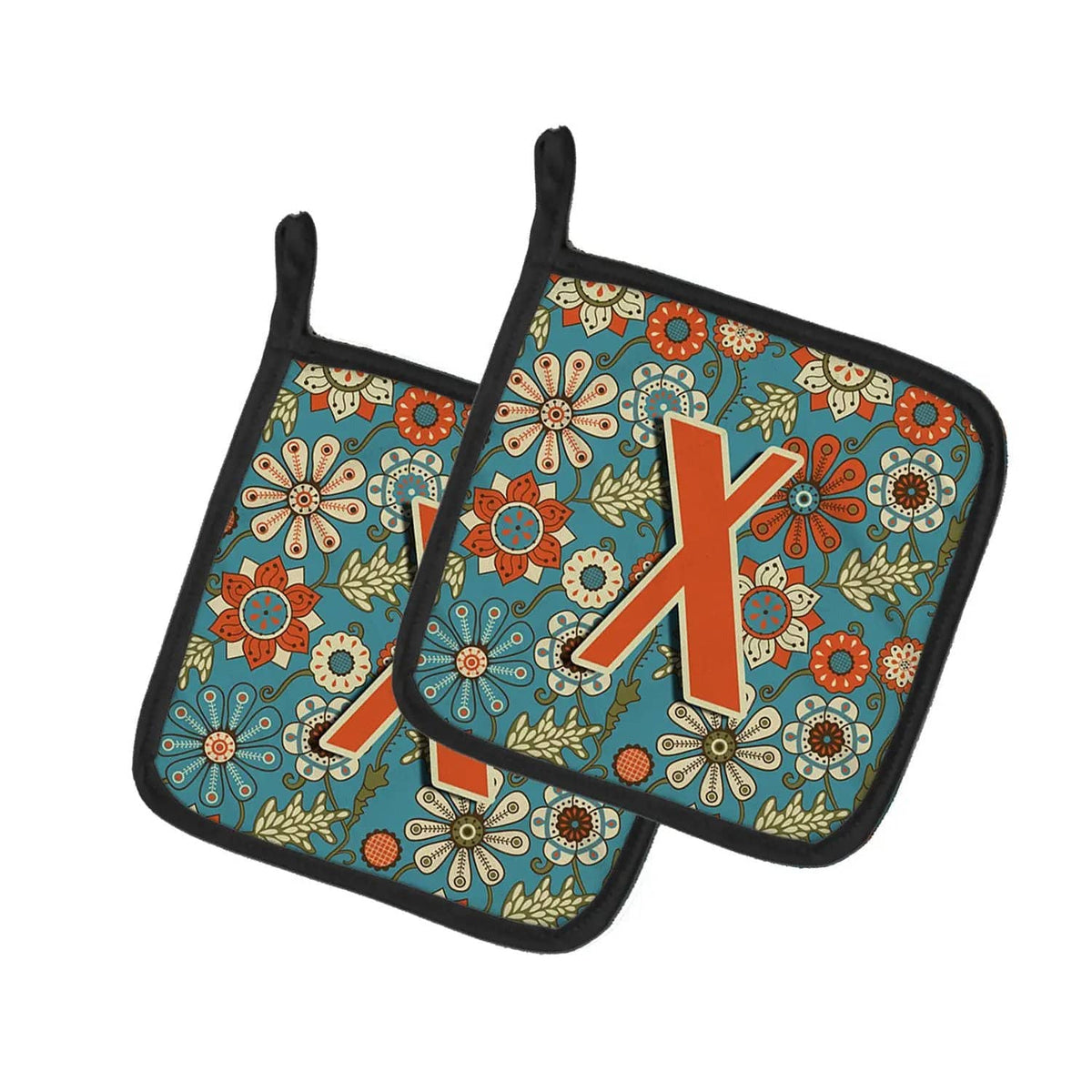 Pot Holder Set of 2 | Heat Resistant Quilted Hot Pads | 7.5 x 7.5 Inch | Letter X Flowers Retro Blue
