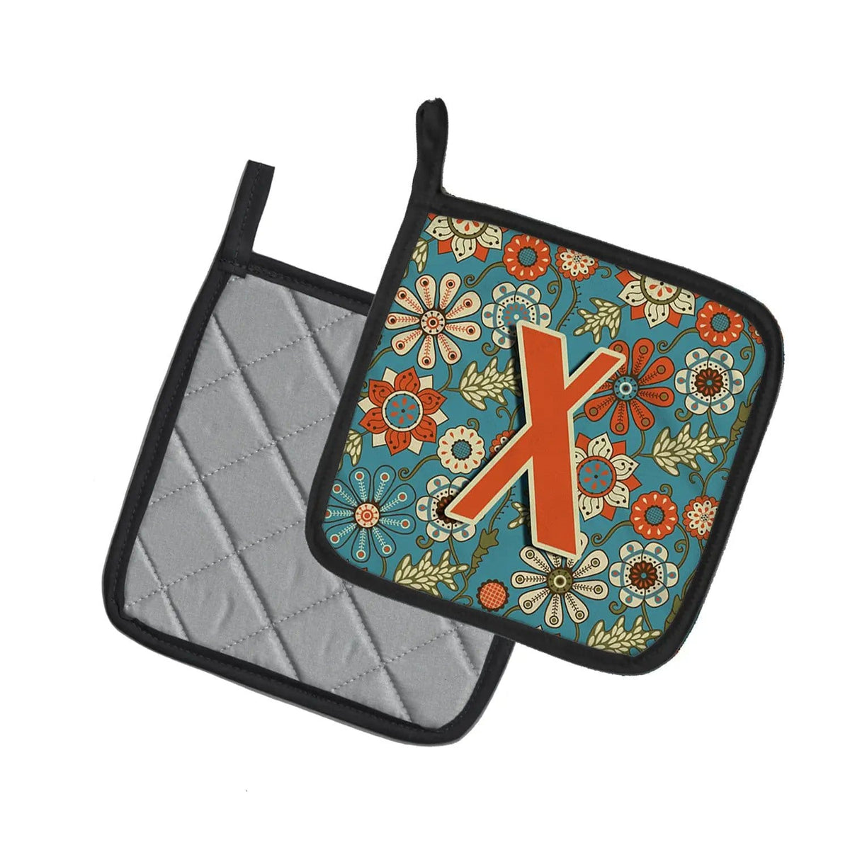 Pot Holder Set of 2 | Heat Resistant Quilted Hot Pads | 7.5 x 7.5 Inch | Letter X Flowers Retro Blue