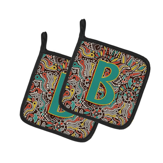 Pot Holder Set of 2 | Heat Resistant Quilted Hot Pads | 7.5 x 7.5 Inch | Letter B Retro Tribal Alphabet Initial