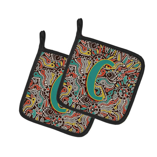 Pot Holder Set of 2 | Heat Resistant Quilted Hot Pads | 7.5 x 7.5 Inch | Letter C Retro Tribal Alphabet Initial