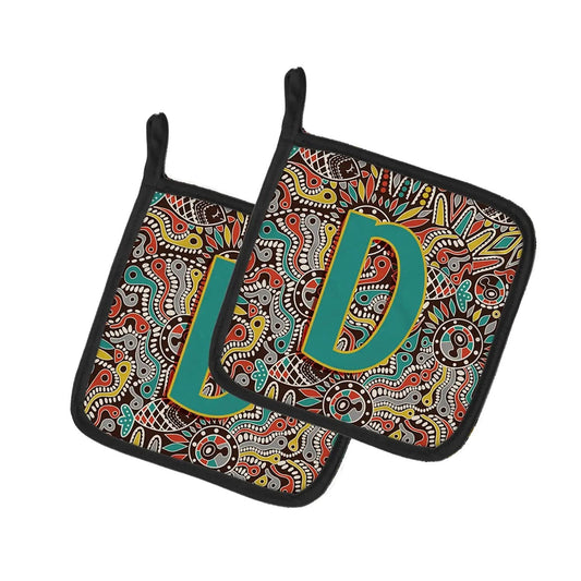 Pot Holder Set of 2 | Heat Resistant Quilted Hot Pads | 7.5 x 7.5 Inch | Letter D Retro Tribal Alphabet Initial