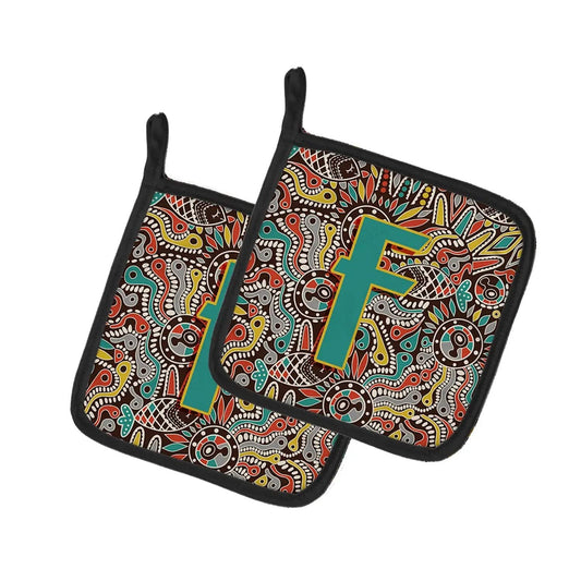 Pot Holder Set of 2 | Heat Resistant Quilted Hot Pads | 7.5 x 7.5 Inch | Letter F Retro Tribal Alphabet Initial