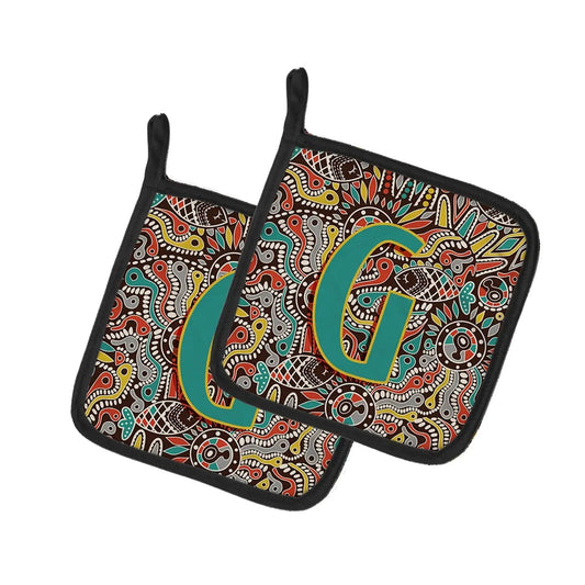 Pot Holder Set of 2 | Heat Resistant Quilted Hot Pads | 7.5 x 7.5 Inch | Letter G Retro Tribal Alphabet Initial