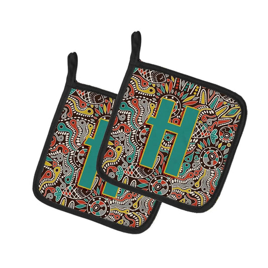 Pot Holder Set of 2 | Heat Resistant Quilted Hot Pads | 7.5 x 7.5 Inch | Letter H Retro Tribal Alphabet Initial