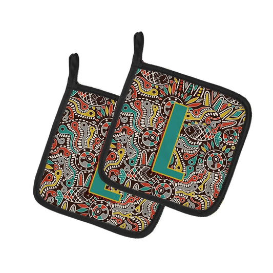 Pot Holder Set of 2 | Heat Resistant Quilted Hot Pads | 7.5 x 7.5 Inch | Letter L Retro Tribal Alphabet Initial