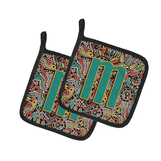 Pot Holder Set of 2 | Heat Resistant Quilted Hot Pads | 7.5 x 7.5 Inch | Letter M Retro Tribal Alphabet Initial