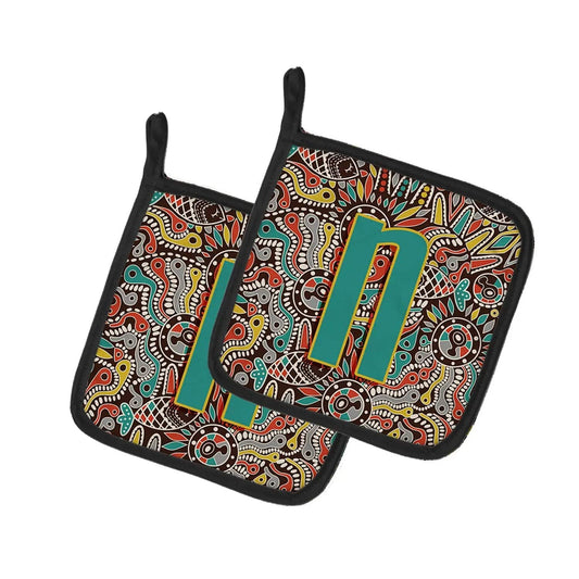 Pot Holder Set of 2 | Heat Resistant Quilted Hot Pads | 7.5 x 7.5 Inch | Letter N Retro Tribal Alphabet Initial