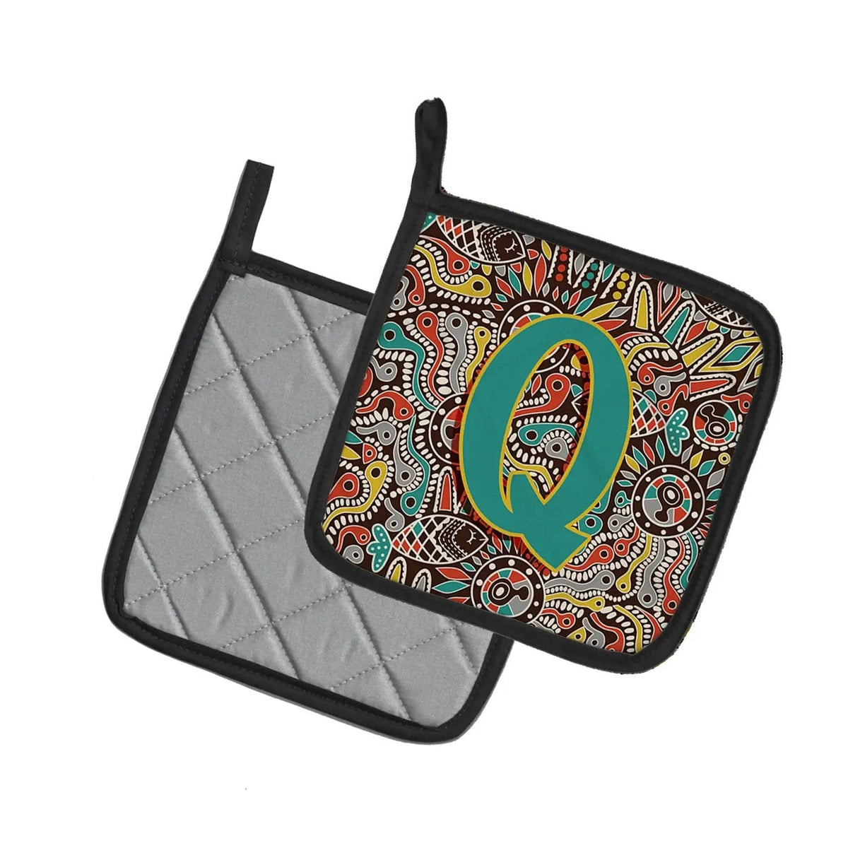 Pot Holder Set of 2 | Heat Resistant Quilted Hot Pads | 7.5 x 7.5 Inch | Letter Q Retro Tribal Alphabet Initial