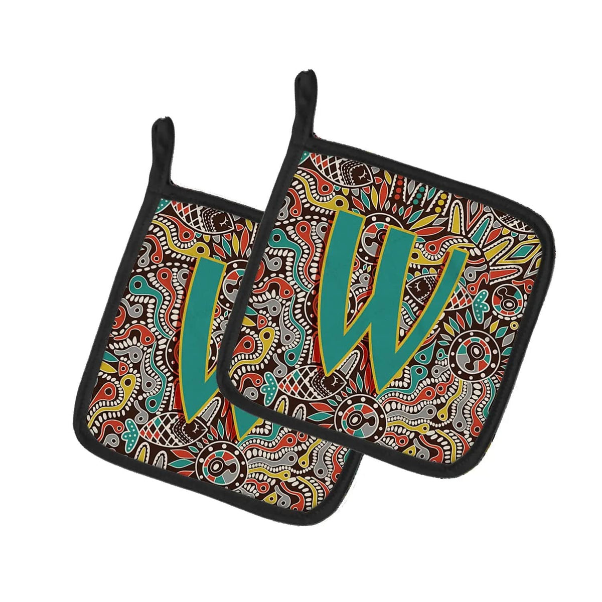 Pot Holder Set of 2 | Heat Resistant Quilted Hot Pads | 7.5 x 7.5 Inch | Letter W Retro Tribal Alphabet Initial