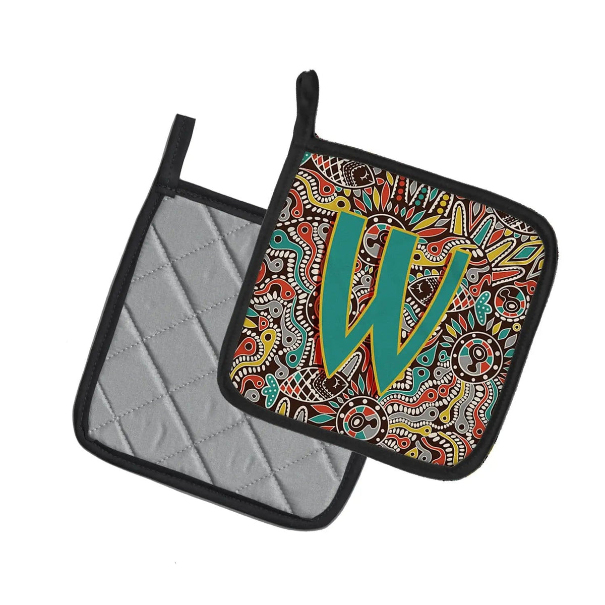 Pot Holder Set of 2 | Heat Resistant Quilted Hot Pads | 7.5 x 7.5 Inch | Letter W Retro Tribal Alphabet Initial