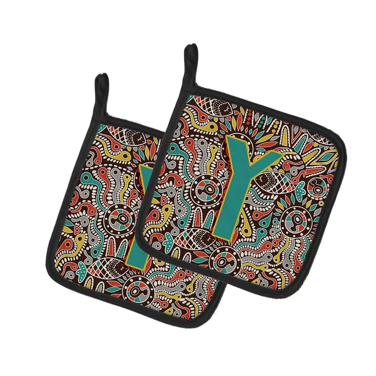 Pot Holder Set of 2 | Heat Resistant Quilted Hot Pads | 7.5 x 7.5 Inch | Letter Y Retro Tribal Alphabet Initial