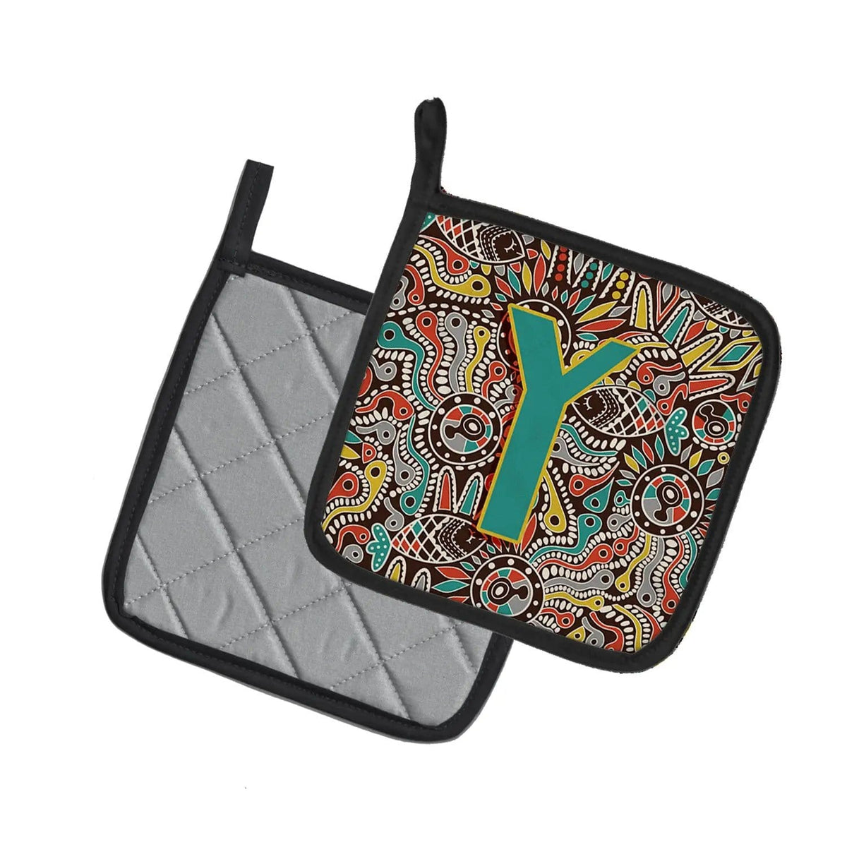 Pot Holder Set of 2 | Heat Resistant Quilted Hot Pads | 7.5 x 7.5 Inch | Letter Y Retro Tribal Alphabet Initial