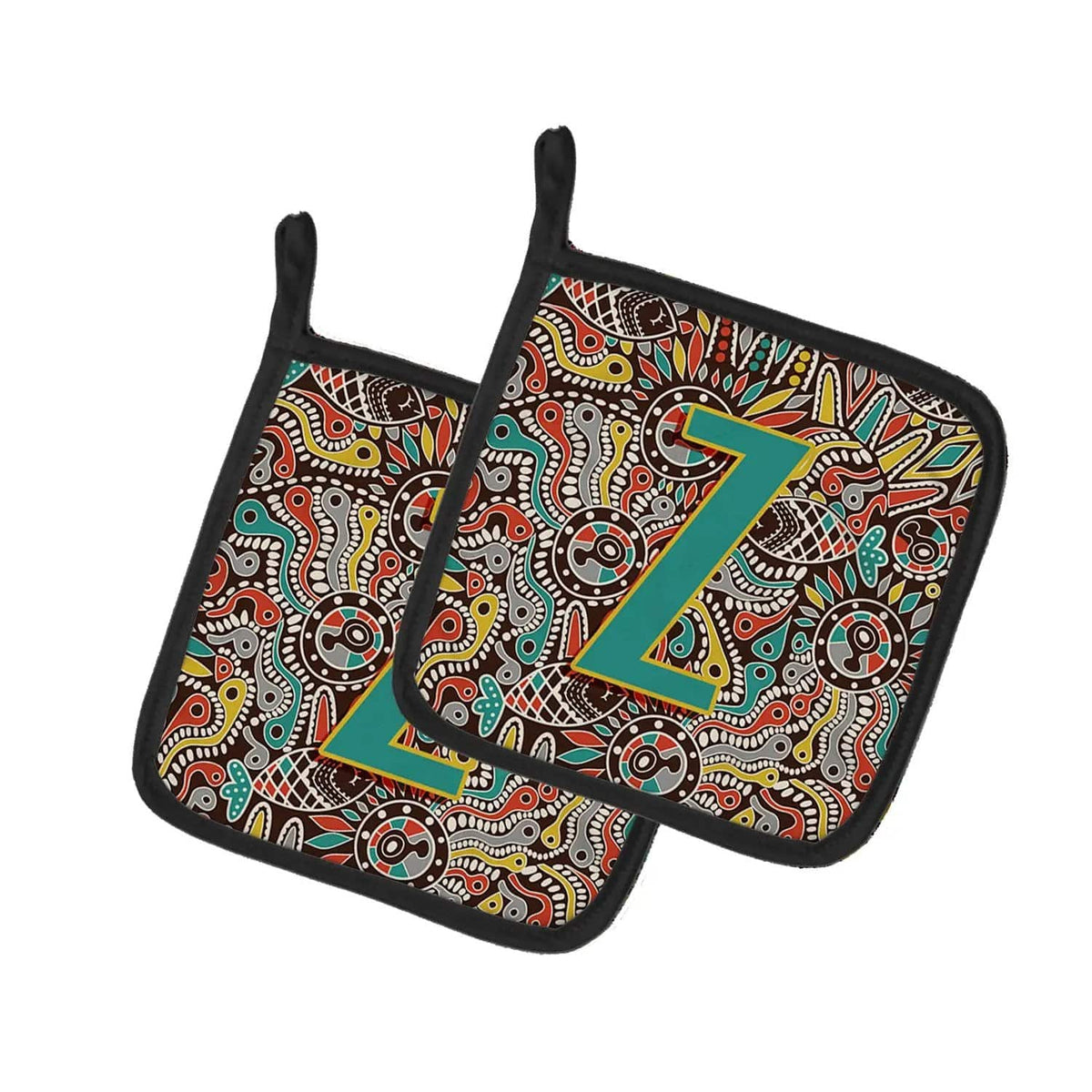 Pot Holder Set of 2 | Heat Resistant Quilted Hot Pads | 7.5 x 7.5 Inch | Letter Z Retro Tribal Alphabet Initial