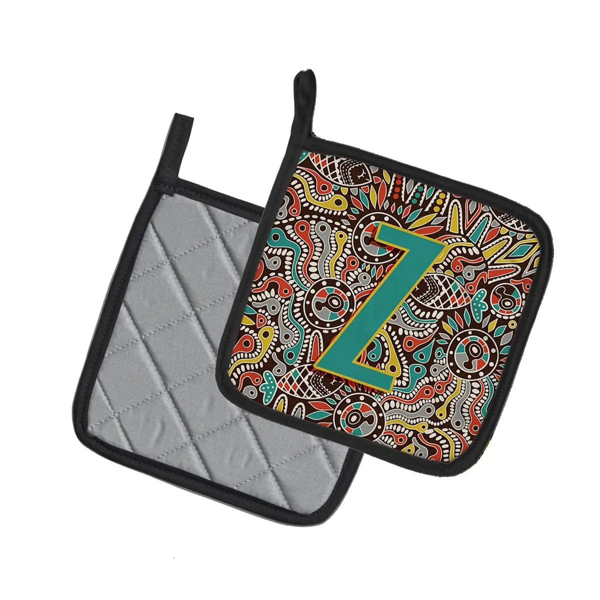 Pot Holder Set of 2 | Heat Resistant Quilted Hot Pads | 7.5 x 7.5 Inch | Letter Z Retro Tribal Alphabet Initial