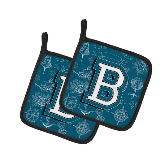Pot Holder Set of 2 | Heat Resistant Quilted Hot Pads | 7.5 x 7.5 Inch | Letter B Sea Doodles Initial Alphabet