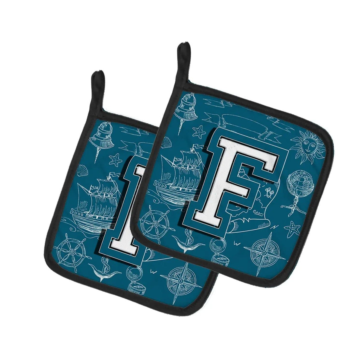 Pot Holder Set of 2 | Heat Resistant Quilted Hot Pads | 7.5 x 7.5 Inch | Letter F Sea Doodles Initial Alphabet