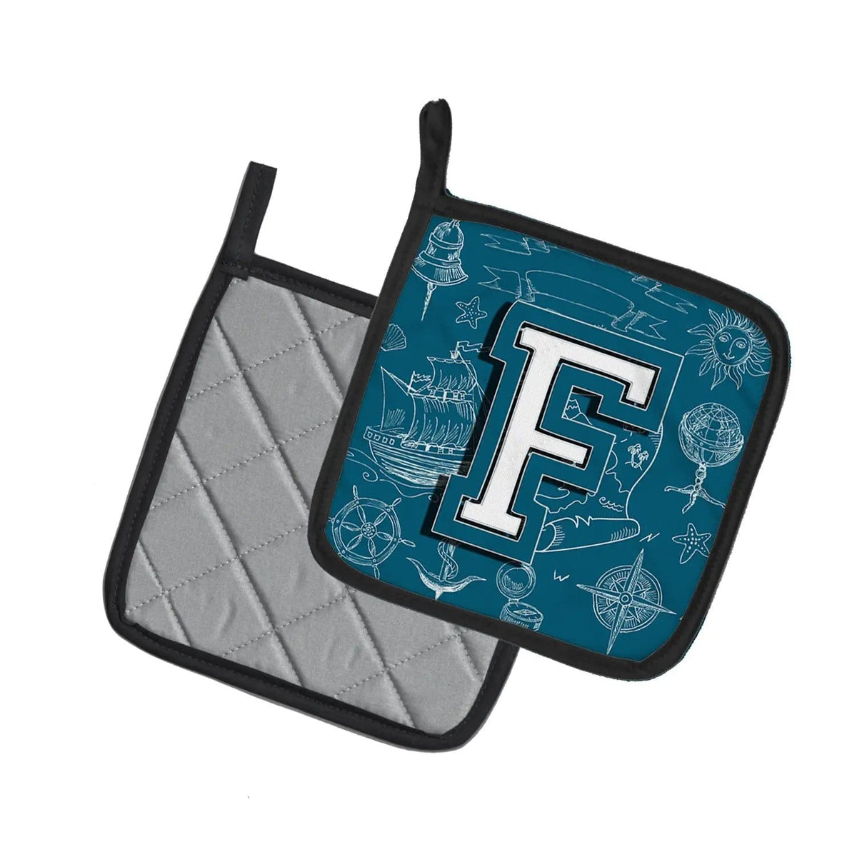 Pot Holder Set of 2 | Heat Resistant Quilted Hot Pads | 7.5 x 7.5 Inch | Letter F Sea Doodles Initial Alphabet