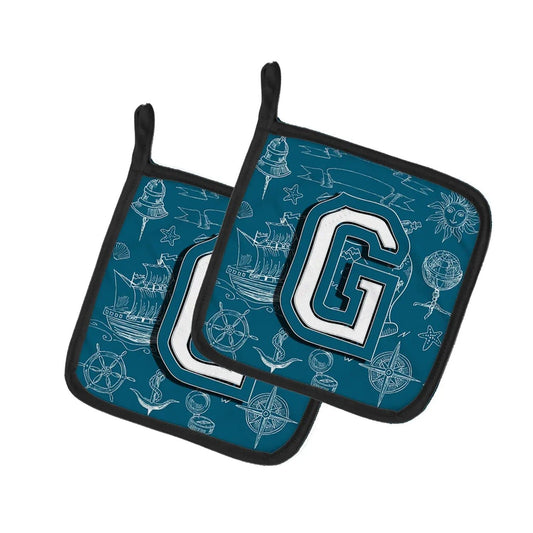 Pot Holder Set of 2 | Heat Resistant Quilted Hot Pads | 7.5 x 7.5 Inch | Letter G Sea Doodles Initial Alphabet