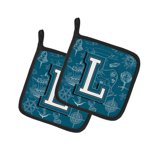 Pot Holder Set of 2 | Heat Resistant Quilted Hot Pads | 7.5 x 7.5 Inch | Letter L Sea Doodles Initial Alphabet