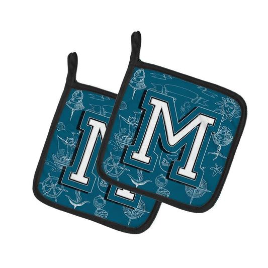 Pot Holder Set of 2 | Heat Resistant Quilted Hot Pads | 7.5 x 7.5 Inch | Letter M Sea Doodles Initial Alphabet