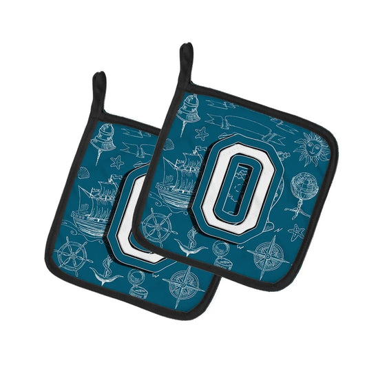 Pot Holder Set of 2 | Heat Resistant Quilted Hot Pads | 7.5 x 7.5 Inch | Letter O Sea Doodles Initial Alphabet